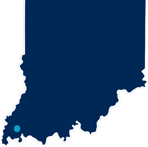 Map of Indiana state with University of Southern Indiana location highlighted in Evansville