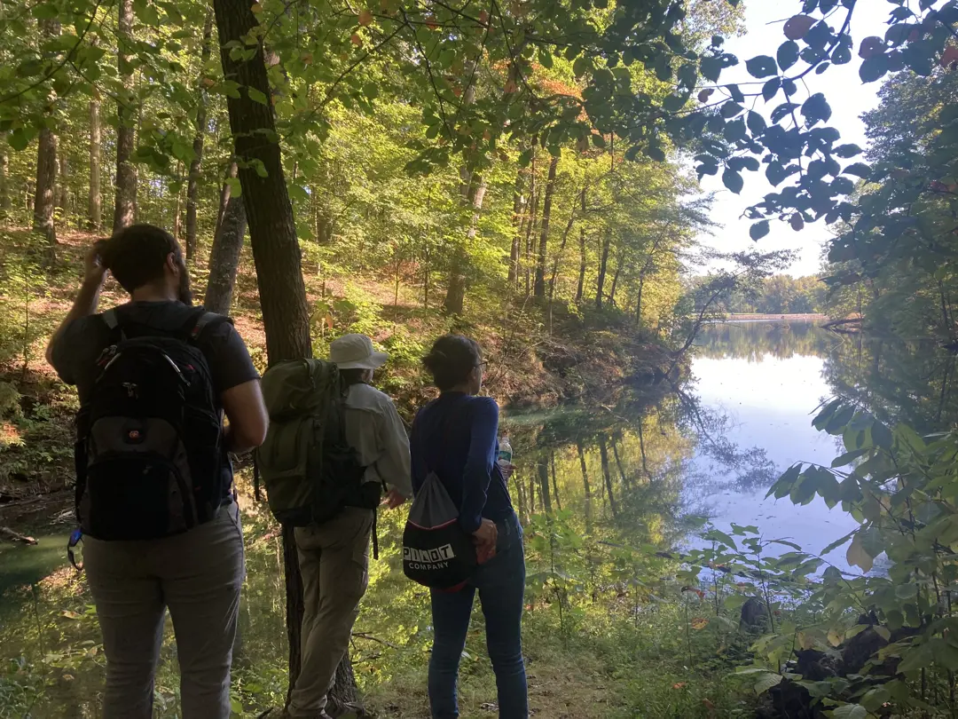 Members of the Evansville Hiking Coop stand on Bent Twig Trail overlooking Reflection Lake after hunting for edible mushrooms