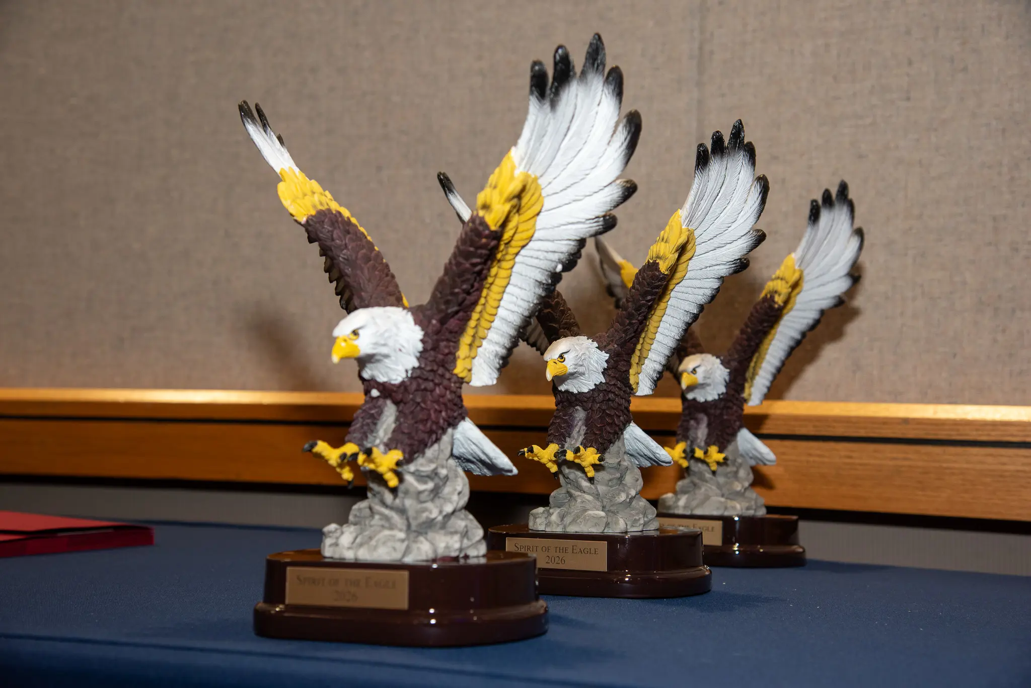 Eagle award statues lined up in a row.