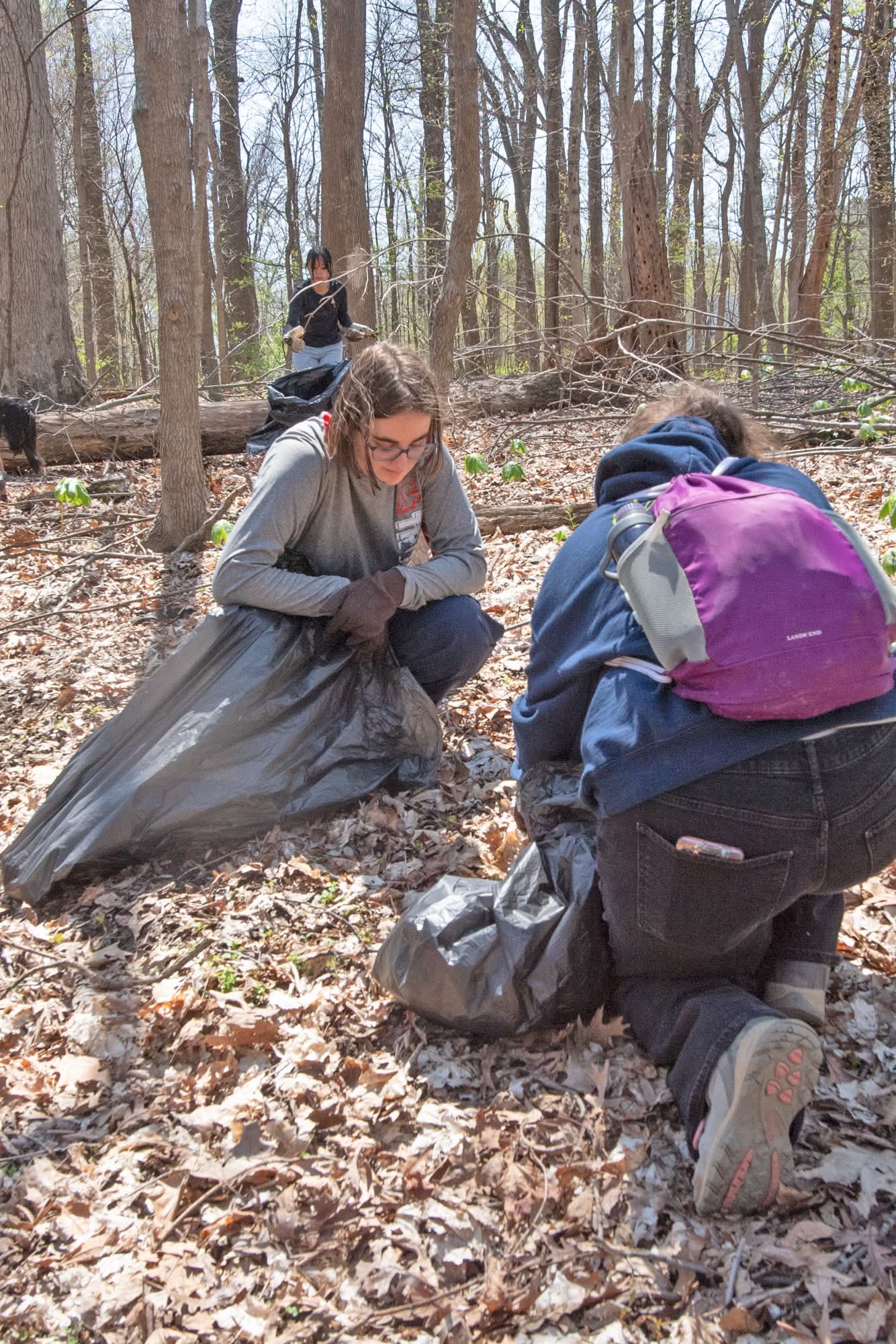 Students pick up glass and trash on the Bent Twig Trails on the 2nd Clean up and Weed Wrangle on the Trails Day.