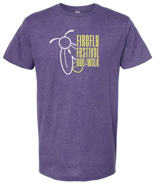 Purple t-shirt with Firefly Festival Run/Walk logo printed on the chest.