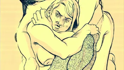 Artwork of two people hugging, one with a serene and nurturing face and one with a protective face