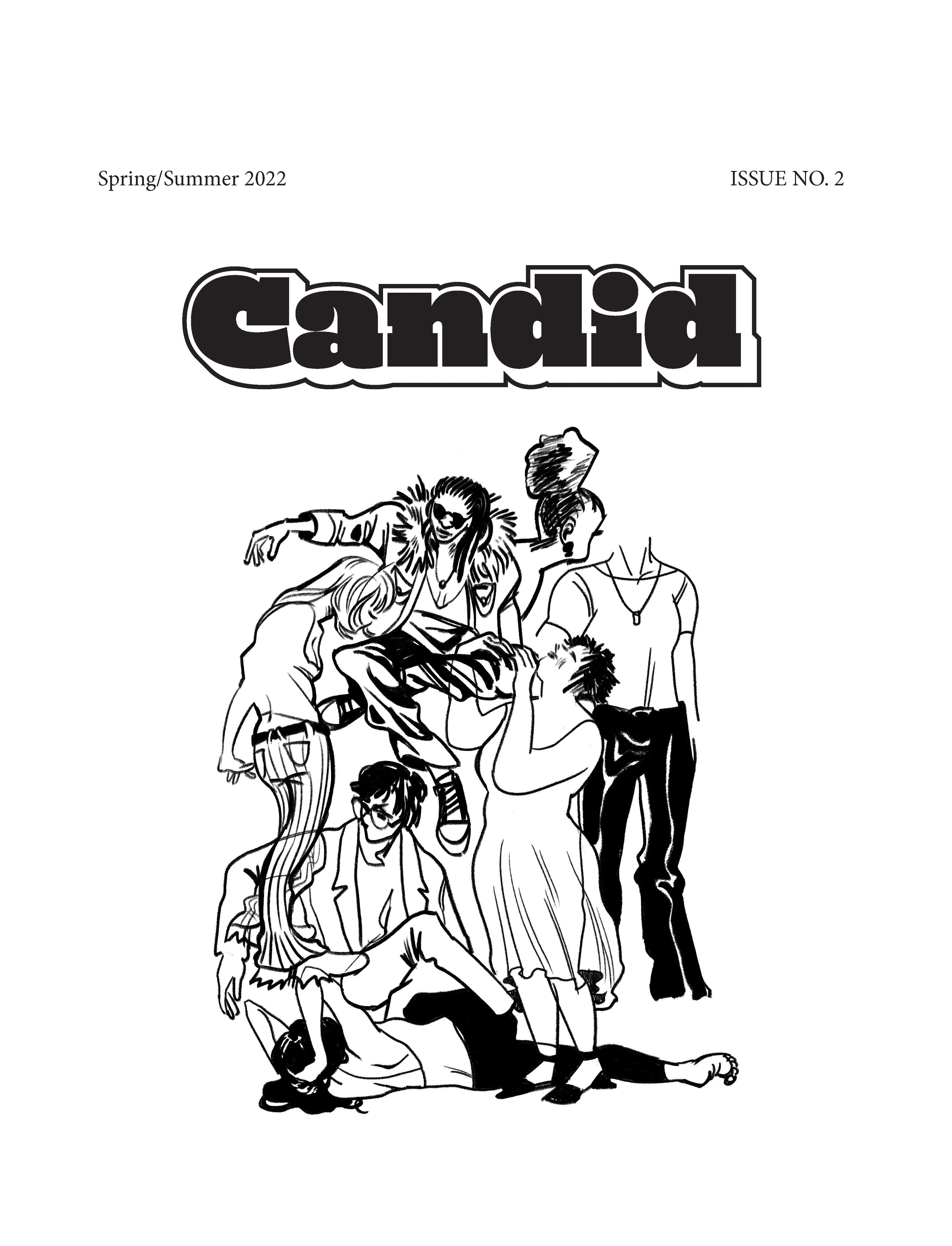 Candid Cover. Drawing of seven people in a group