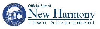 Logo featuring a circular seal with an illustration of buildings on the left and text reading “Official Site of New Harmony Town Government” on a light background.