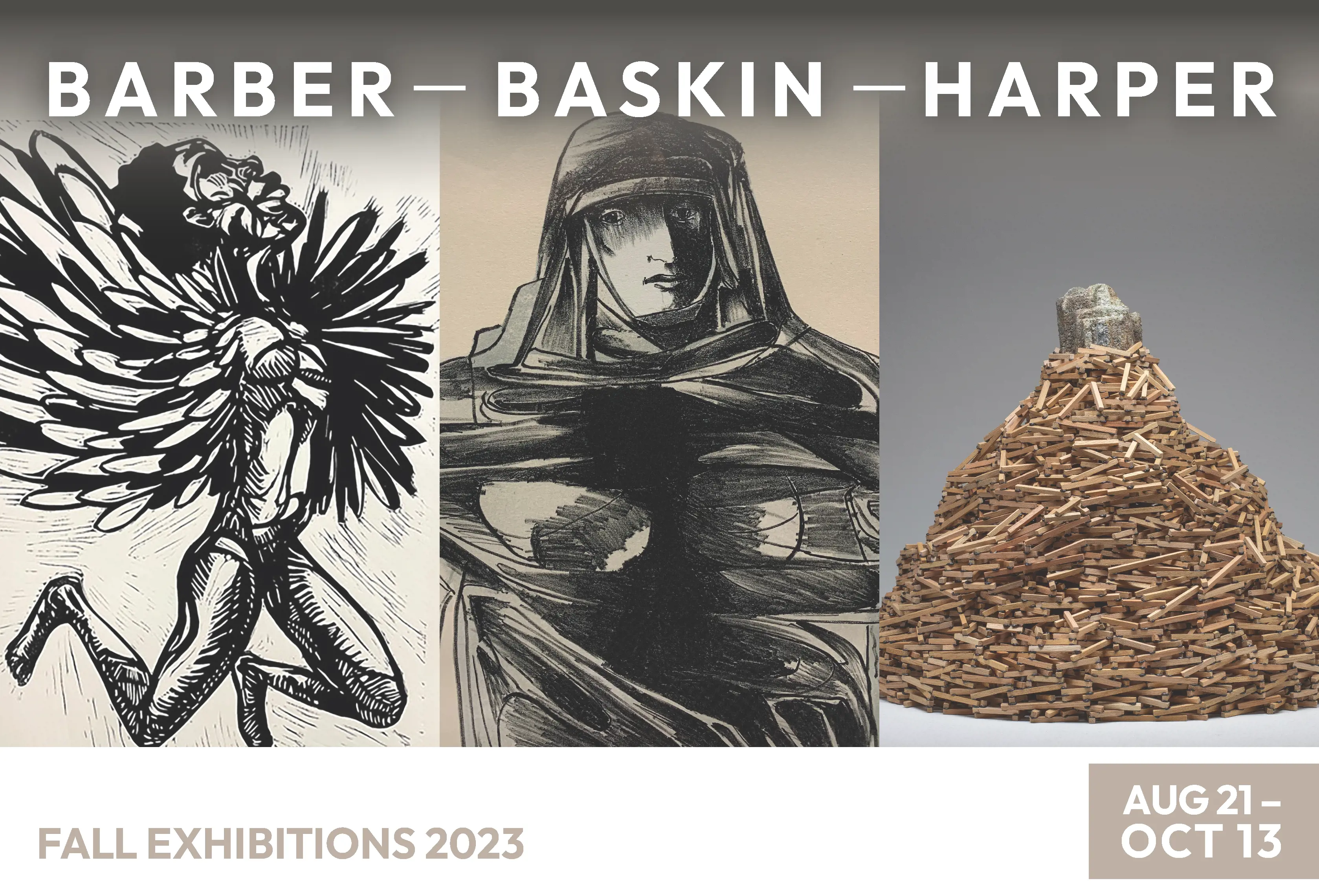 Fall exhibition poster featuring a person with wings, a person in a cloak, and a sculpture of stacked wood