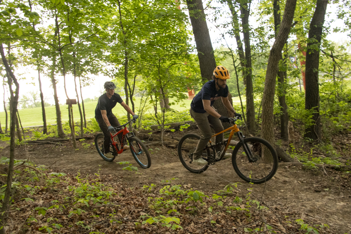 Members of the Evansville community enjoy the many mountain bike trails on campus.