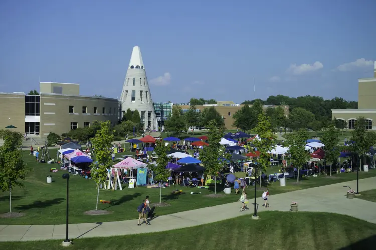 Aerial view of student event on the Quad