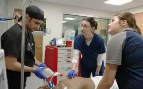 Respiratory therapy, and nursing students monitor life signs and ventilate a patient in a collaborative SIM lab.