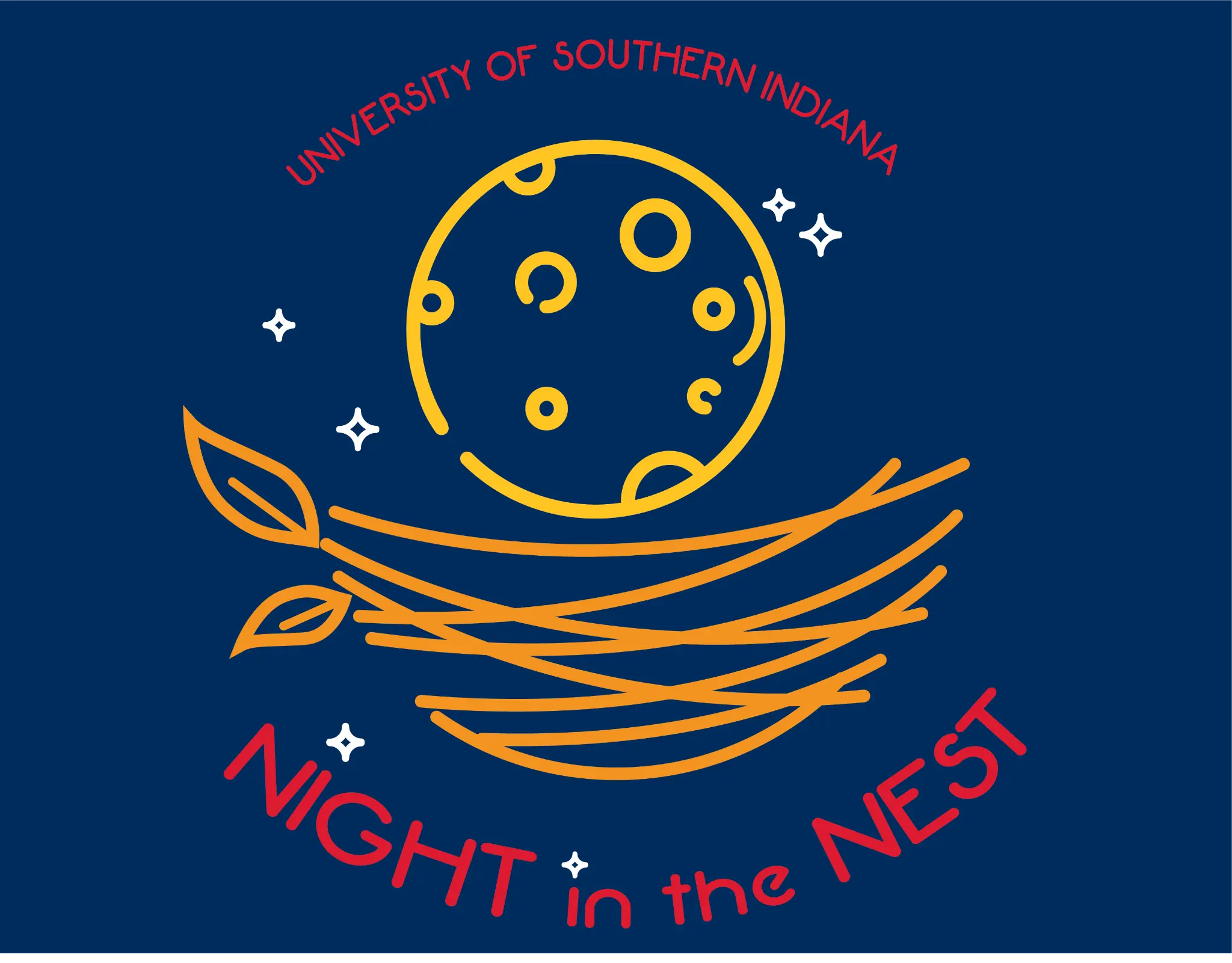 Graphic of moon in a bird's next with words University of Southern Indiana on top and Night in the Nest under