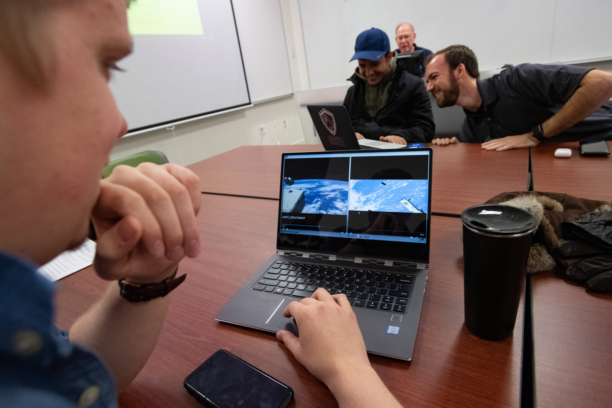 Members of USI's UNITE CubeSat team watch as their satellite is deployed from the International Space Station on Thursday, January 31, 2019. 