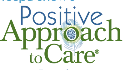 Image is a logo that says " Teepa Snow's Positive Approach to Care, www.TeepaSnow.com" The logo has a peacock feather with a brain in the "O" of "Approach"