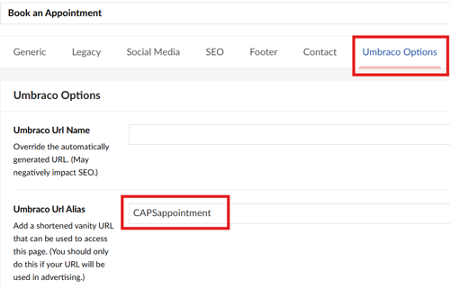 Screenshot of the "Umbraco URL Alias" location on the "Umbraco Options" tab