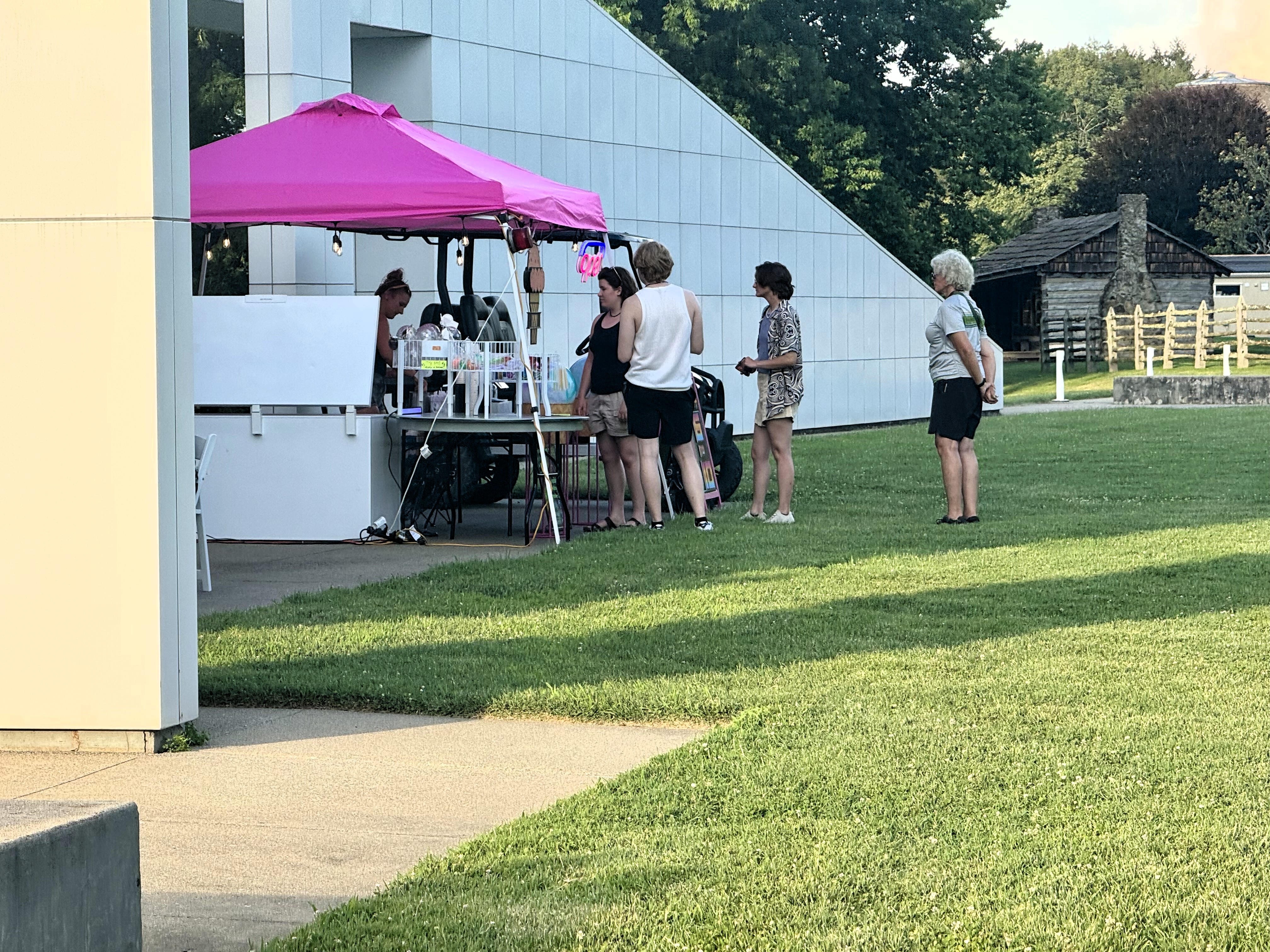 Outdoor vendor table under a pink canopy with people browsing items.