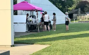Outdoor vendor table under a pink canopy with people browsing items.