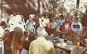 A 1972 photo showing elementary school children learning about nature at the Westwood Lodge. 