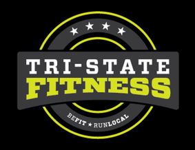 Circular black and gray logo with neon yellow accents reading “Tri-State Fitness,” with smaller text below that says “Be Fit • Run Local.”
