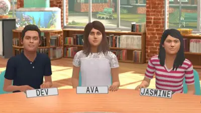 Graphic rendering of simulated students sitting around a table with name cards