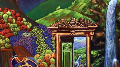 Roswell #3: Colorful painting of hills, waterfall, stacks of fruit, mirror