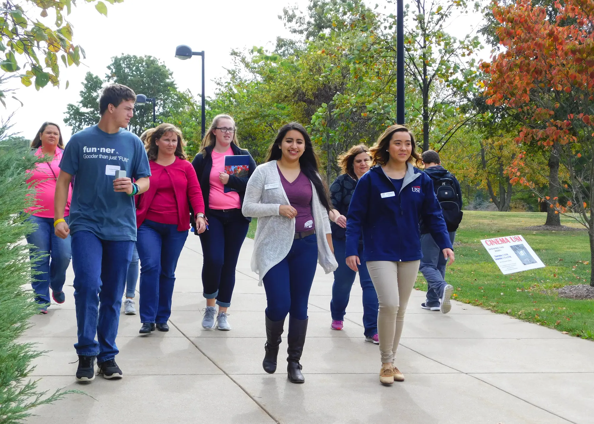 students on a guided walking tour of the USI campus