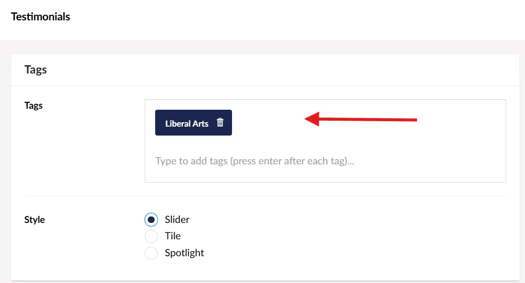Screenshot of testimonials tag location in Umbraco