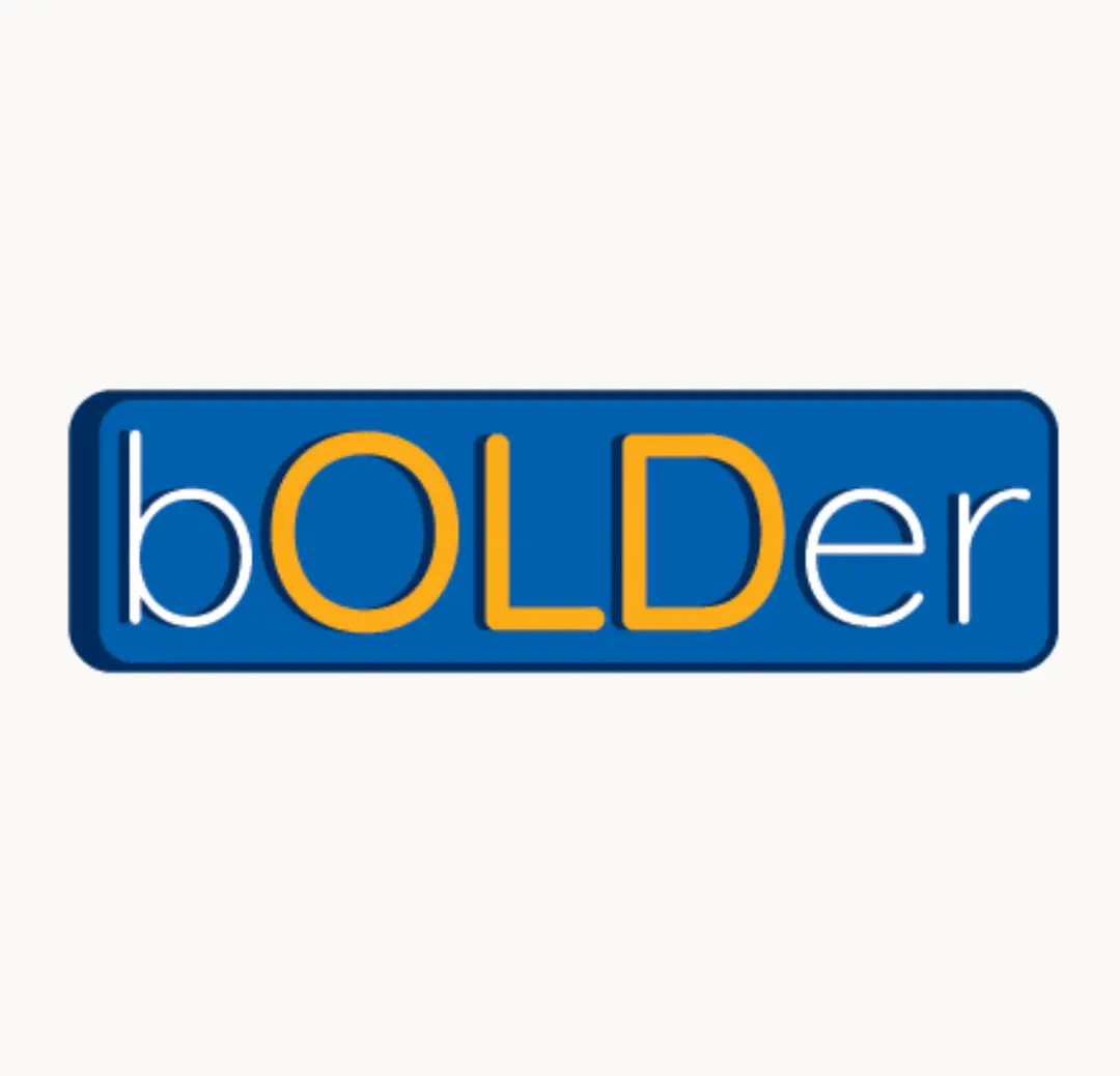 bOLDer logo with blue square background, white lowercase letters for "b" and "er" with yellow capitalized letters in the middle spelling "OLD"