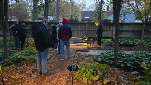 A small group of visitors stands on a mulched garden path in a shaded outdoor area, arranged in a loose line facing a person who appears to be speaking near a raised rectangular feature in the ground. The setting includes trees with sparse leaves, low garden plants, and a wooden privacy fence in the background, with houses partially visible beyond.