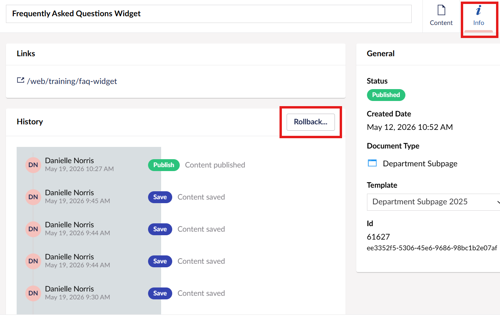 Screenshot of the "Rollback" location on the Umbraco "Info" tab