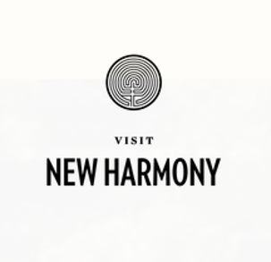 Minimalist logo with a circular labyrinth-style emblem above the words “Visit New Harmony” in black text on a light background.