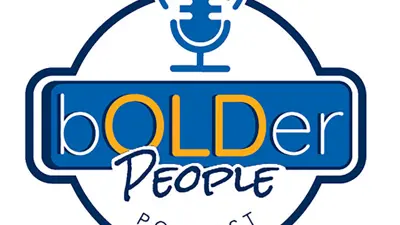 bOLDer Podcast logo, a blue microphone is above the word "bOLDer" where the "OLD" is capitalized and yellow, below it says "people" and "podcast"