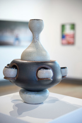 Sake Shelter Chocolate porcelain, reticulating and satin black glazes with barnard slip glaze 2016 Al Holen, University of Southern Indiana