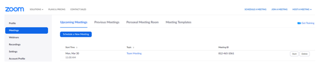 Screenshot of Upcoming Tab in Zoom