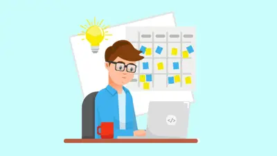 Graphic image of a man working at a laptop with a code symbol on it