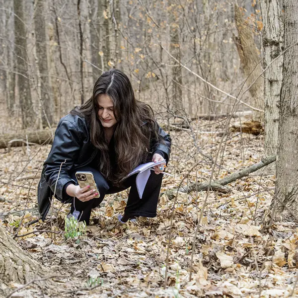 A biology student snaps a photo of a snowdrop found on the Bent Twig Trail for class. 