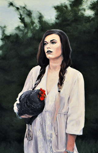 Portrait of Chicken with Woman, Justin Cecil, oil on canvas 2016