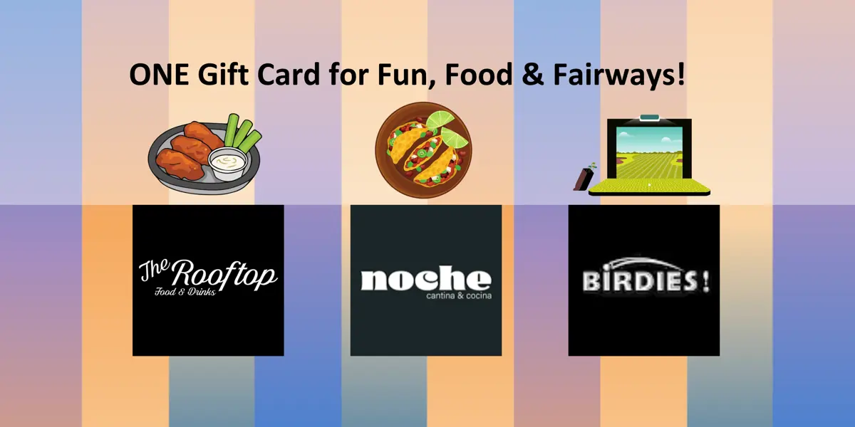 The Rooftop, Noche, and Birdies logos