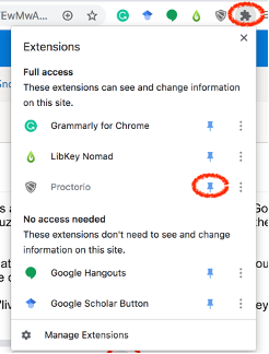 Screenshot of Pinning Proctorio Extension on Chrome