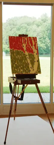 Pace's field easel with "White Birch, Pink Sky", 79-06, oil on canvas, 1979. Gift of Stephen and Palmina Pace, 2010
