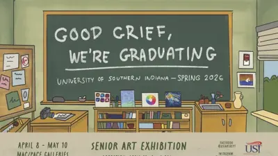 Exhibition post card featuring a chalkboard with exhibition title and illustration representing each graduating student sitting at desks