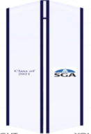 white stole with navy trim and Class of Year in navy on one side and the SGA logo on the other side