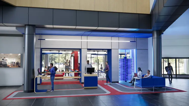 Artistic rendering of the exterior of the Center for Applied Business Technologies from inside the Business and Engineering Center