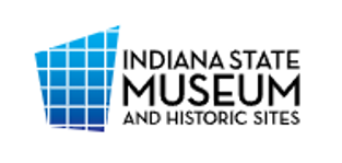 Blue geometric logo for the Indiana State Museum and Historic Sites with the organization name displayed in black text on a light background.