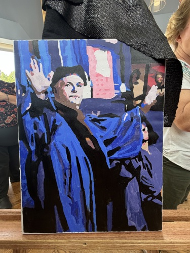 Painting of President bridges gesturing to the crowd at commencement