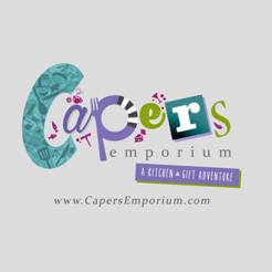 Colorful logo for Capers Emporium featuring playful, multicolored lettering with the tagline “A Kitchen & Gift Adventure” and the website “www.capersemporium.com” below.
