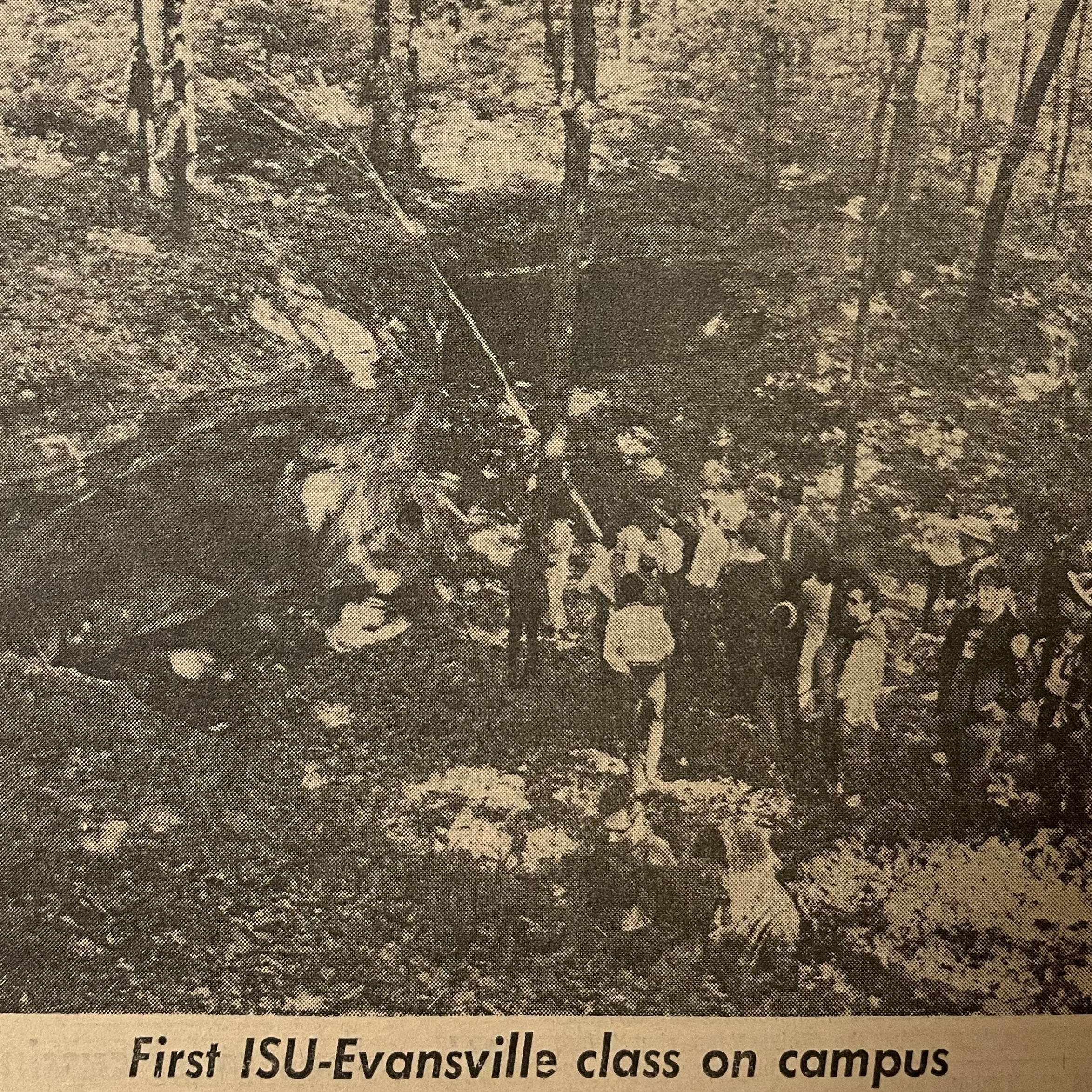 A 1968 newspaper clipping about the first ISU-E class held on campus-at the outdoor amphitheater on USI's trails. 