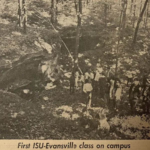 A 1968 newspaper clipping about the first ISU-E class held on campus-at the outdoor amphitheater on USI's trails. 