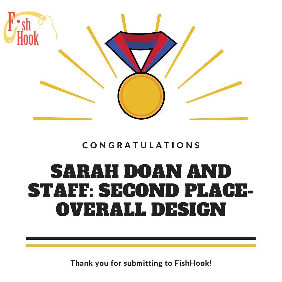 "Congratulations" graphic with medal - Sarah Doan and staff: Second Place for Overall Design