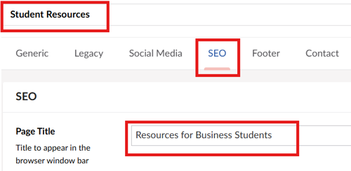 Screenshot of where to find the "Page Title" field in Umbraco