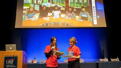 Two student teachers conduct a presentation on the Screagle Teaching Simulation program