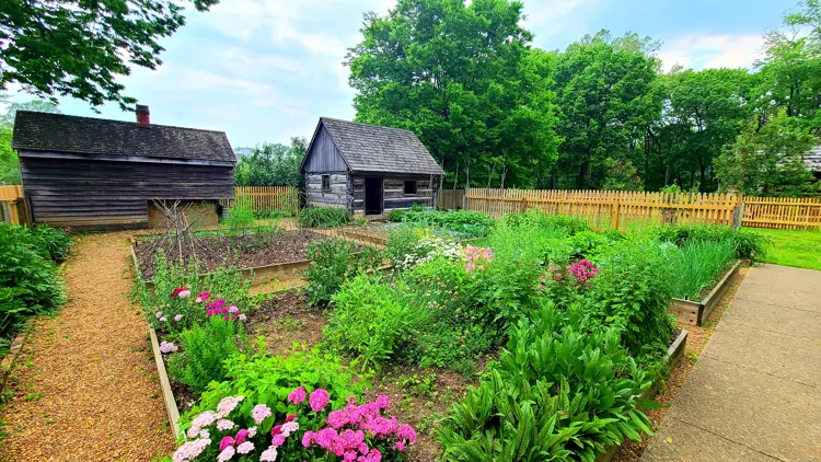 A fenced historic garden with raised planting beds filled with flowers and vegetables sits beside two small wooden cabins, surrounded by trees and greenery.