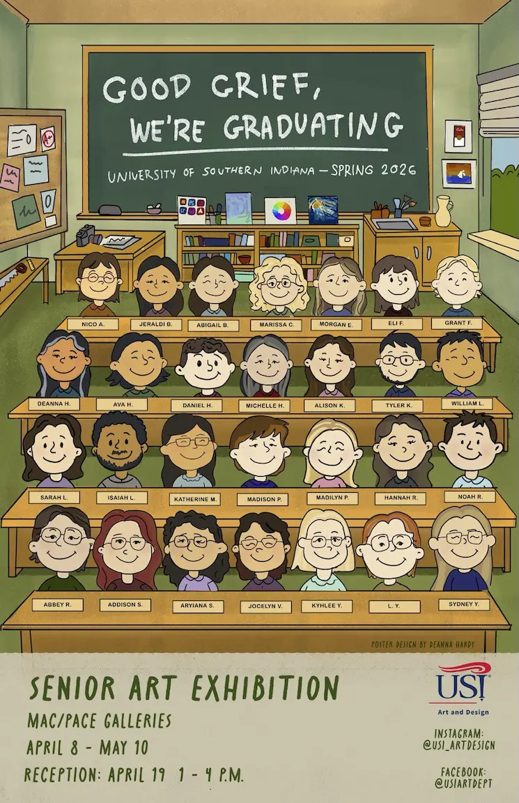 Exhibition poster for "Good Grief, We're Graduating" the 2026 senior seminar exhibition, featuring a classroom of students drawn in the style of Peanuts